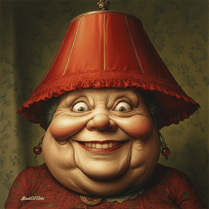 Jolly Big Lady with Red Lampshade