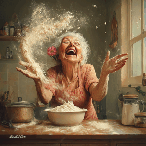 Jolly Wrinkles Wenskaart Old Woman having fun in Kitchen