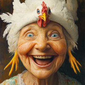 Jolly Wrinkles Wenskaart Old Woman with Chickenhat