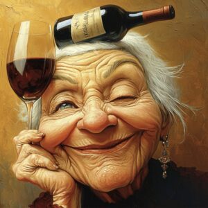 Jolly Wrinkles Wenskaart - Oude vrouw drinkt een wijntje