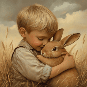 Kinderwenskaart Blond boy with rabbit