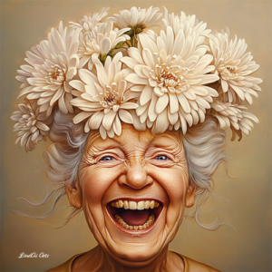 Jolly Wrinkles Wenskaart Old woman with Chrysanthemum