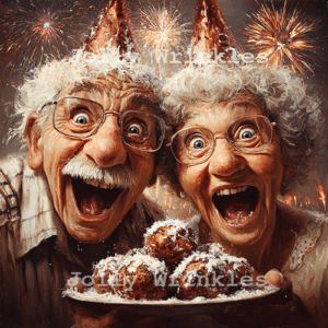 Jolly Wrinkles NieuwjaarsWenskaart  - Oliebollen koppel UITVERKOCHT