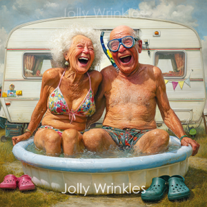 Jolly Wrinkles Wenskaart  - Op de camping- In een opblaasbaar badje
