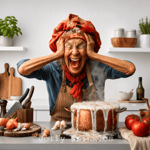 Jolly Wrinkles Wenskaart - Oma kookt over