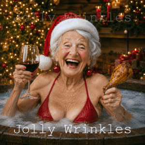 Jolly Wrinkles Kerst wenskaart - Kerstvrouw in hot tub