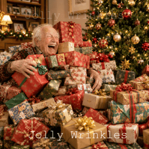 Jolly Wrinkles Kerst wenskaart - Opa tussen de cadeaus